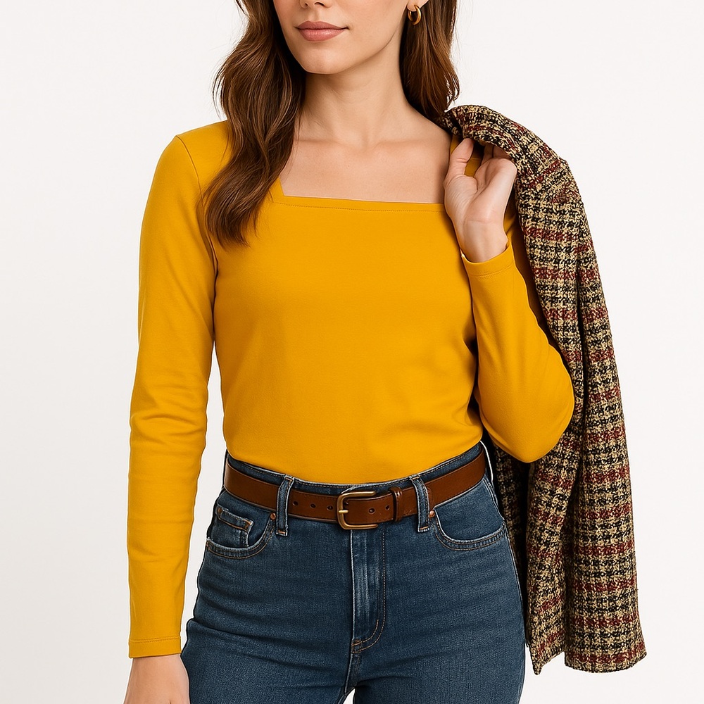 J.Crew Factory Mustard Yellow Square Neck Long Sleeve Tee - Size Small
